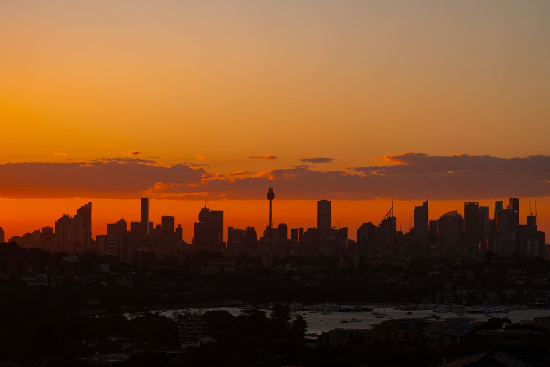 Sydney skyline silhouette orange sunset - retail ORM Sydney CBD